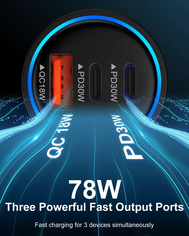 Alt view image 2 of 7 - iPhone 18 Pro Car Charger Fast Charging, 78W 3-Port Super Fast Car Charger | USB A & USB C Car Power Cigarette Lighter Adapter for iPhone 18 Pro Max/17/17e/Air/17 Pro/16/16e/15/14/13/12, iPad, Samsung