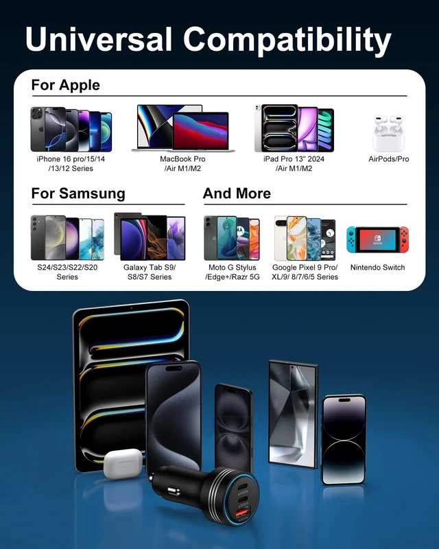 Alt view image 7 of 7 - iPhone 18 Pro Car Charger Fast Charging, 78W 3-Port Super Fast Car Charger | USB A & USB C Car Power Cigarette Lighter Adapter for iPhone 18 Pro Max/17/17e/Air/17 Pro/16/16e/15/14/13/12, iPad, Samsung