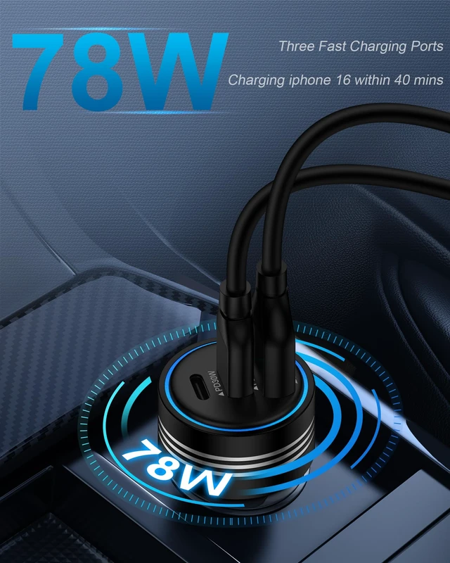 Alt view image 4 of 7 - iPhone 18 Pro Car Charger Fast Charging, 78W 3-Port Super Fast Car Charger | USB A & USB C Car Power Cigarette Lighter Adapter for iPhone 18 Pro Max/17/17e/Air/17 Pro/16/16e/15/14/13/12, iPad, Samsung