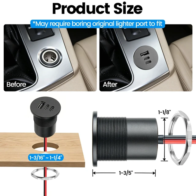 Alt view image 5 of 7 - 78W 12V USB Outlet, 3 Port Fast Charging Aluminum Car USB C Charger | Multi Protection,Cigarette Lighter Replacement, No-Backlight Design, No Standby Power,For RV Camper Trailer Truck Car Boat