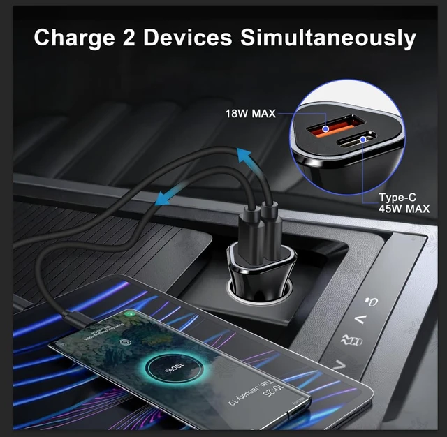 Alt view image 3 of 7 - 65W USB C Car Charger, 2-Port Super Fast Charging Cigarette Lighter Adapter | PD 65W Type-C & QC 18W Type-A Car Charger with 3ft 60W Cable for iPhone 18 17 16 15 14 13,iPad, Samsung Galaxy S26 25 S24