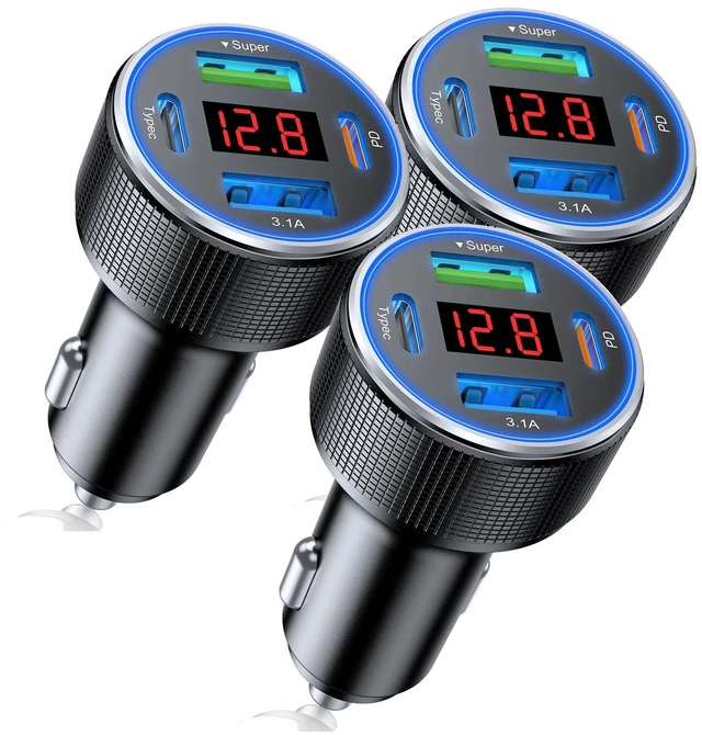 Main image of 4-Port USB C Car Charger 78W PD Fast Charging 3-Pack | Metal & Safe: Voltage display tracks battery. Smart chip protects devices. Universal fit for all phones, cars & family trips.