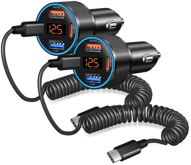 Main image of 65W 4-Port Super Fast Car Charger Type C for Samsung S26 S25 S24 S23 Ultra | PD/QC3.0 Android Car Phone Charger, USB C Cigarette Lighter Voltage Meter Adapter with 5FT Type C Coiled Cable