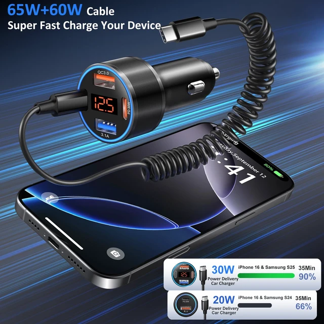 Alt view image 3 of 7 - 65W 4-Port Super Fast Car Charger Type C for Samsung S26 S25 S24 S23 Ultra | PD/QC3.0 Android Car Phone Charger, USB C Cigarette Lighter Voltage Meter Adapter with 5FT Type C Coiled Cable