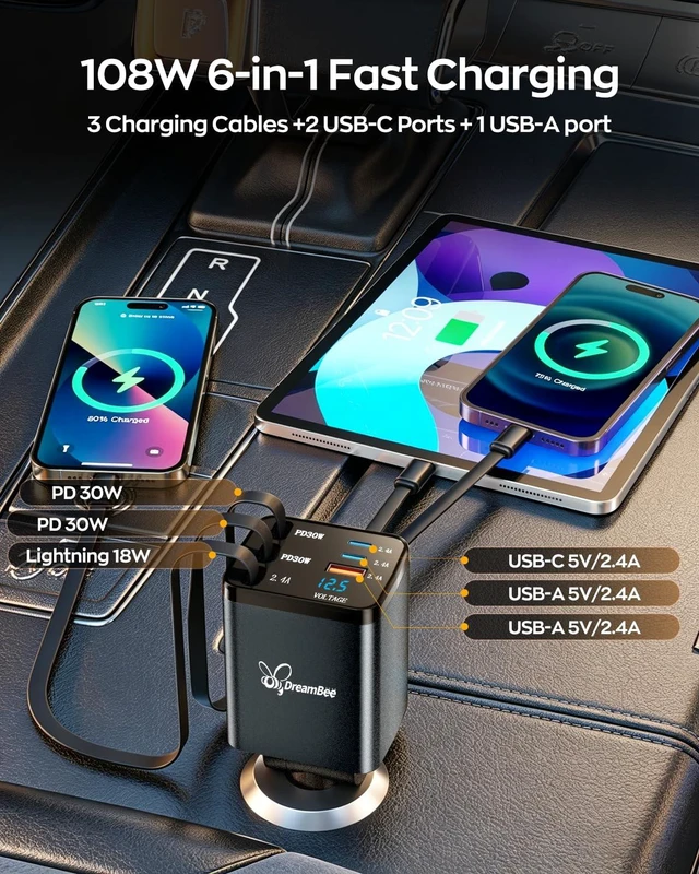 Alt view image 2 of 7 - Retractable Car Charger,108W 6 in 1 Super Fast Charge Car Phone Charger with 3 Cords 31.5INCH,Gifts for Men Women Car Truck Accessories for iPhone 18/17/16/15/14/13 Pro Max XR,iPad,Samsung