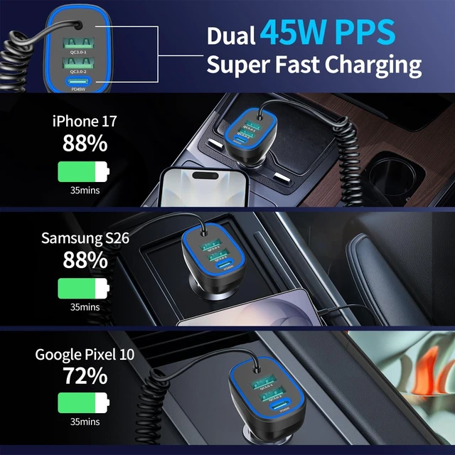 Alt view image 3 of 7 - 90W USB C Super Fast Car Charger for iPhone 18 Pro Max/Duo/17/Android Phone | 4 Port Cigarette Lighter Adapter for Samsung S26/S25,5ft Type C Coiled Cord,Dual 45W USBC Port,22.5W USB Port
