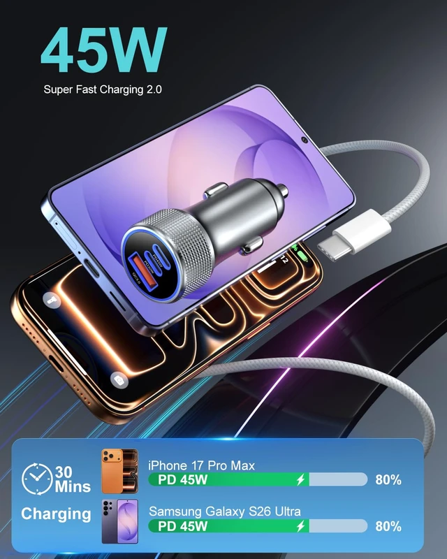 Alt view image 3 of 7 - 93W 3 in 1 USB C Super Fast Car Charger, 45W Type C Cigarette Lighter Adapter with 6ft USB-C Cable for Galaxy S26 Ultra S25 FE S24 S22 iPhone 18 17 16 15 Pro Max