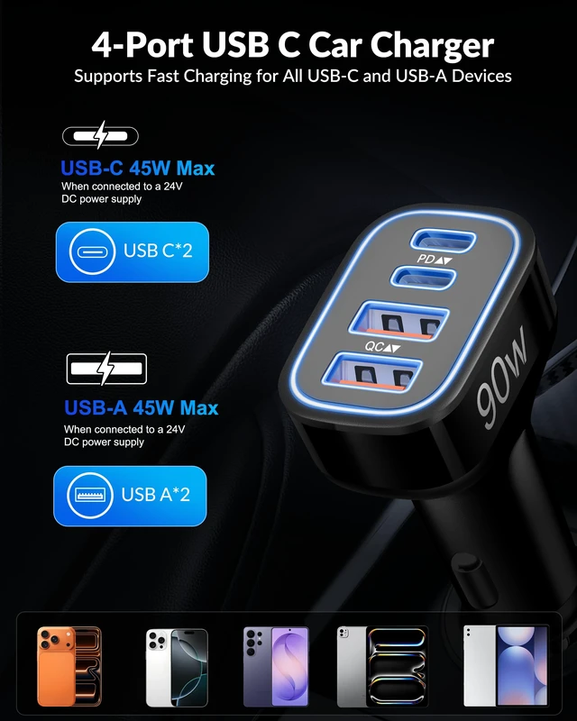 Alt view image 2 of 7 - USB C Car Charger, 4-Port 90W Type C Super Fast Cigarette Lighter Adapter | Car Phone Charger Accessories, Cargador Para Carro, Fast Charging for iPhone Duo 18 Pro Max 18 17 16 15 14 13, iPad, Android