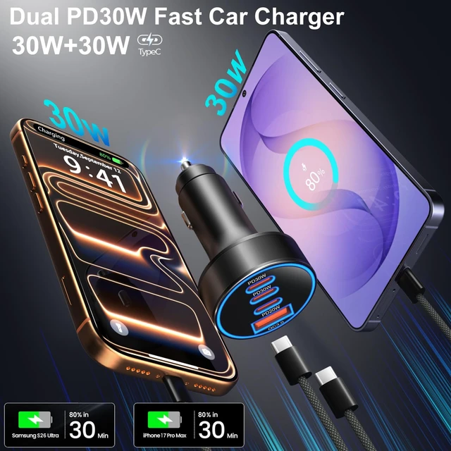 Alt view image 3 of 7 - Car Charger USB C,4-Port 98W Super Fast Charging Car Phone Charger Adapter | 2 Pack Multiport Cigarette Lighter Adapter,PD30W/PD20W/QC3.0 Type C Car Charger for iPhone 17 16 15 Pro Max,iPad,Glaxy