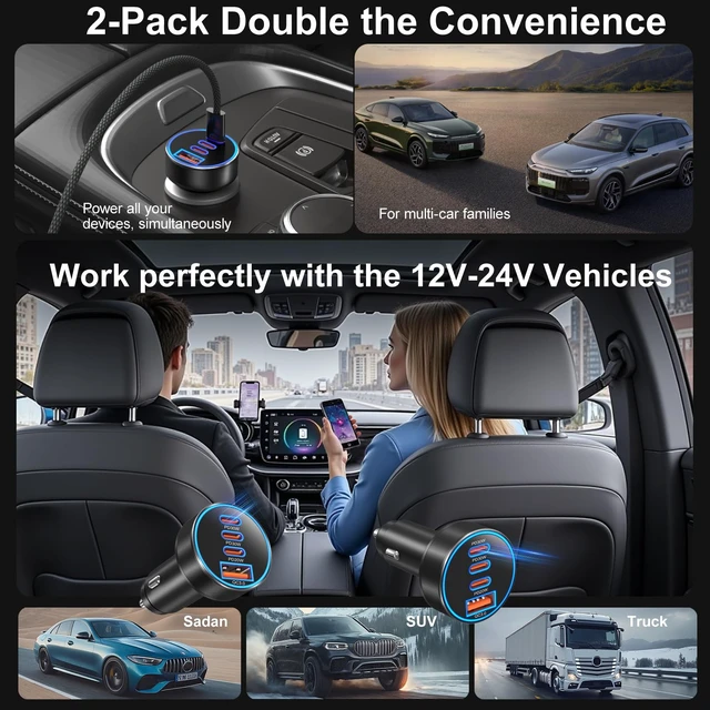 Alt view image 5 of 7 - Car Charger USB C,4-Port 98W Super Fast Charging Car Phone Charger Adapter | 2 Pack Multiport Cigarette Lighter Adapter,PD30W/PD20W/QC3.0 Type C Car Charger for iPhone 17 16 15 Pro Max,iPad,Glaxy