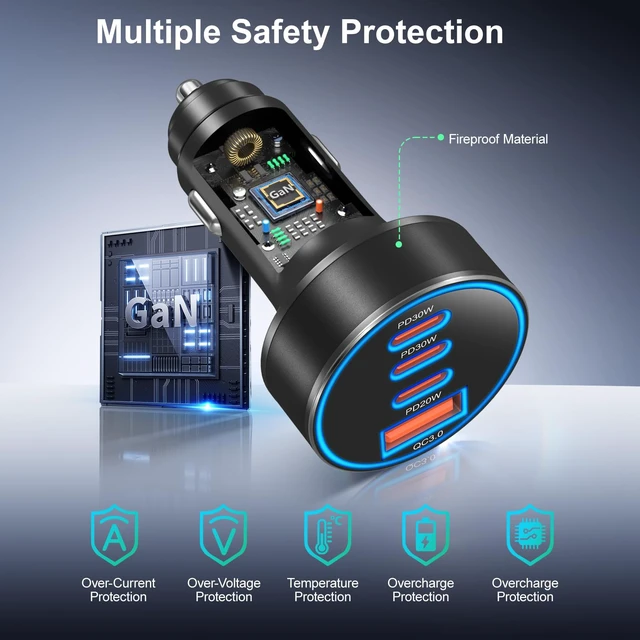 Alt view image 6 of 7 - Car Charger USB C,4-Port 98W Super Fast Charging Car Phone Charger Adapter | 2 Pack Multiport Cigarette Lighter Adapter,PD30W/PD20W/QC3.0 Type C Car Charger for iPhone 17 16 15 Pro Max,iPad,Glaxy