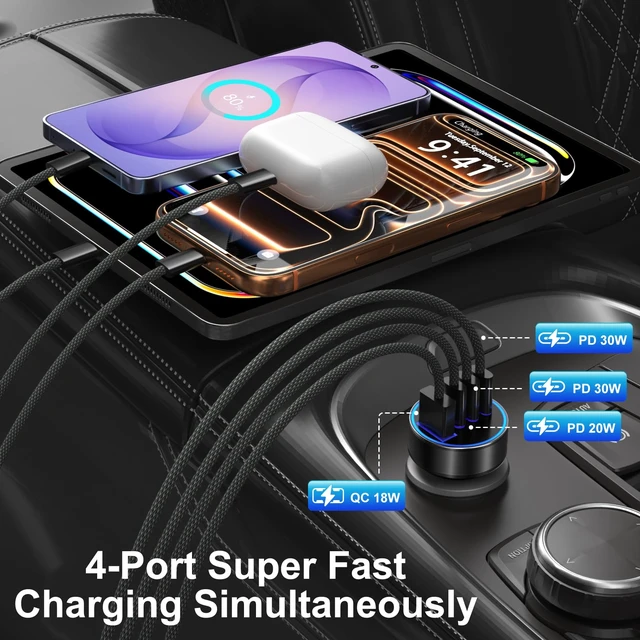Alt view image 4 of 7 - Car Charger USB C,4-Port 98W Super Fast Charging Car Phone Charger Adapter | 2 Pack Multiport Cigarette Lighter Adapter,PD30W/PD20W/QC3.0 Type C Car Charger for iPhone 17 16 15 Pro Max,iPad,Glaxy