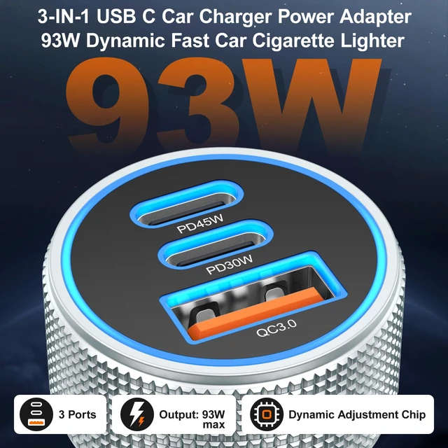 Alt view image 2 of 7 - 93W USB C Car Charger 3-Port PD45W+PD30W Super Fast Charging 2.0 | 12v Cigarette Lighter USB Charger Car Adapter+6FT Type C Cord for Samsung Galaxy S26 S25 S24 A16, iPhone 17 16 15 Pro, 2-PACK