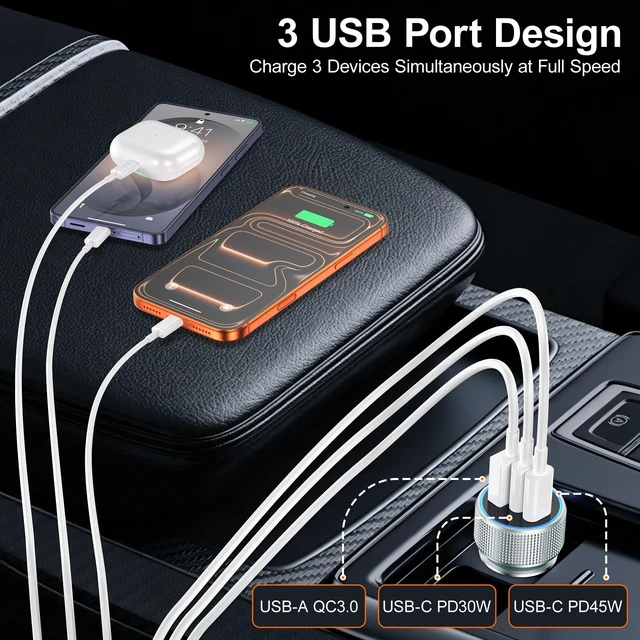 Alt view image 4 of 7 - 93W USB C Car Charger 3-Port PD45W+PD30W Super Fast Charging 2.0 | 12v Cigarette Lighter USB Charger Car Adapter+6FT Type C Cord for Samsung Galaxy S26 S25 S24 A16, iPhone 17 16 15 Pro, 2-PACK