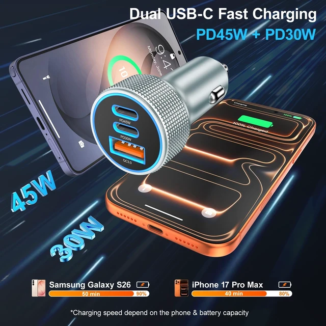 Alt view image 3 of 7 - 93W USB C Car Charger 3-Port PD45W+PD30W Super Fast Charging 2.0 | 12v Cigarette Lighter USB Charger Car Adapter+6FT Type C Cord for Samsung Galaxy S26 S25 S24 A57 A16, iPhone 17 Air 16 15 Pro