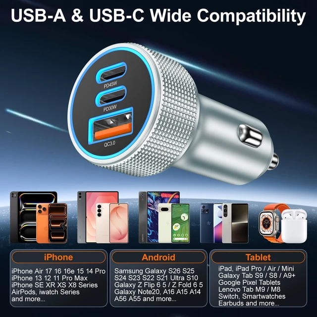 Alt view image 7 of 7 - 93W USB C Car Charger 3-Port PD45W+PD30W Super Fast Charging 2.0 | 12v Cigarette Lighter USB Charger Car Adapter+6FT Type C Cord for Samsung Galaxy S26 S25 S24 A57 A16, iPhone 17 Air 16 15 Pro