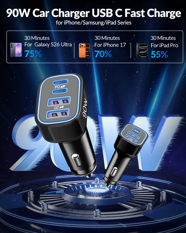Alt view image 3 of 7 - 4-Port USB C Super Fast Car Charger for Samsung Galaxy S26/S25/S24/S23 | iPhone Duo/18 Pro Max/Android, Type C Fast Charging Car Phone Charger Accessories Cigarette Lighter Adapter + 3FT USB-C Cable