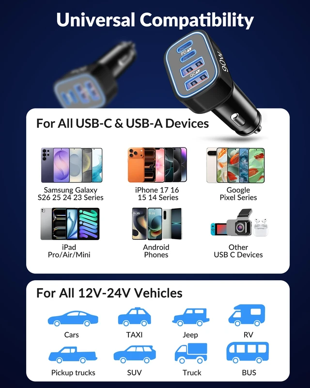 Alt view image 4 of 7 - 4-Port USB C Super Fast Car Charger for Samsung Galaxy S26/S25/S24/S23 | iPhone Duo/18 Pro Max/Android, Type C Fast Charging Car Phone Charger Accessories Cigarette Lighter Adapter + 3FT USB-C Cable