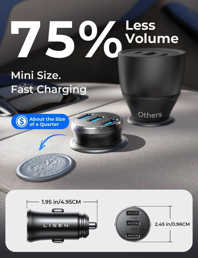 Alt view image 4 of 7 - 108W Car Charger USB C Fast Charging for iPhone Duo 3-Port Cigarette Lighter Adapter Super Fast Charge 12V Type C Cell Phone Automobile Chargers for iPhone 18 17 16 15 Pro Max Samsung S26 Pixel