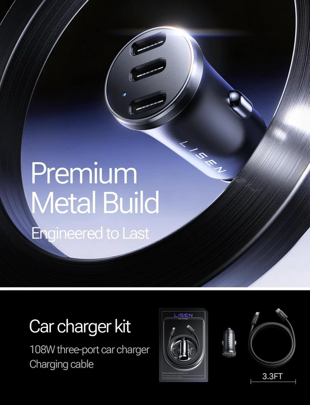 Alt view image 7 of 7 - 108W Car Charger USB C Fast Charging for iPhone Duo 3-Port Cigarette Lighter Adapter Super Fast Charge 12V Type C Cell Phone Automobile Chargers for iPhone 18 17 16 15 Pro Max Samsung S26 Pixel