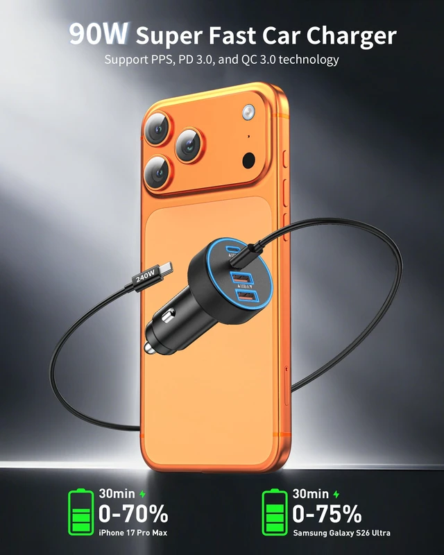 Alt view image 2 of 7 - 4-Port Super Fast USB C Car Charger for iPhone 18 Pro Max 17 16 Pro Duo | Type C Cigarette Lighter USB Charger Car Phone Adapter Accessories for Galaxy S26 S25 S24, Android, with 240W 3FT USB C Cable