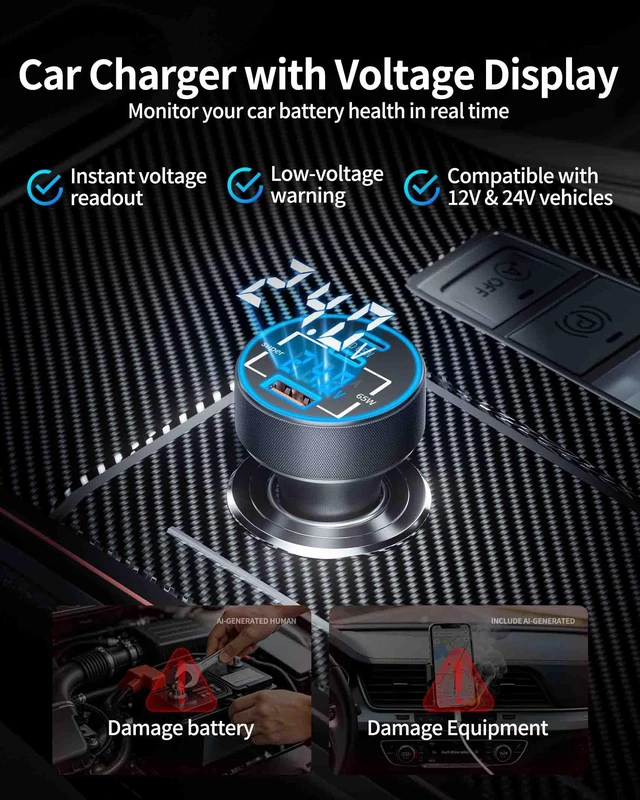 Alt view image 3 of 7 - Car Charger USB C, 130W 3Port Fast Cigarette Lighter USB Charger Adapter | with Voltage Display,12V-24V USB Outlet, Super Fast Charging for iPhone 18 17 16 15 14 13 Pro Max iPad MacBook Galaxy Android
