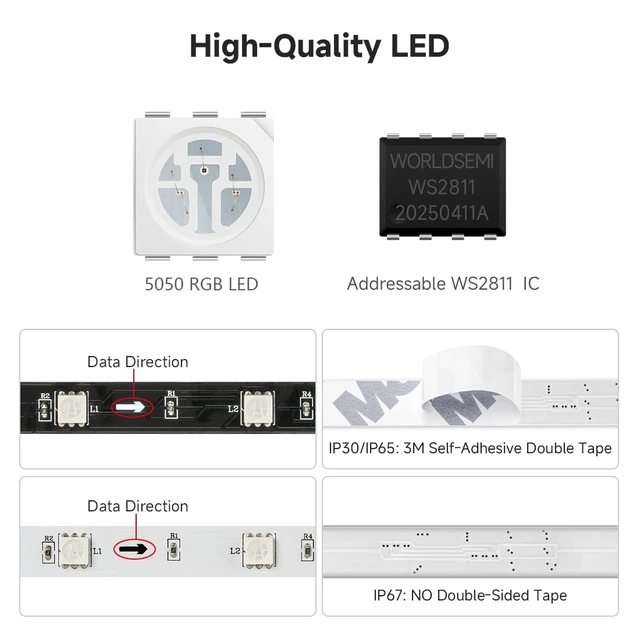 Alt view image 3 of 7 - WS2811 Addressable RGB LED Strip 16.4FT 300LED DC12V IP65 | 100Pixels IC=RGB+IC UL Listed Black PCB Flexible Chasing Effect for Indoor Home Decor,3M Tape(No Adapter or Controller)