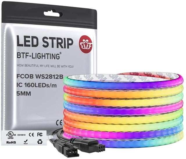 Main image of FCOB COB WS2812B IC RGB LED Strip DC5V 16.4FT 800LED 5mm IP30 | Individual Addressable UL Listed Dream Color High Density Tape Light For Decor(No Adapter or Controller)