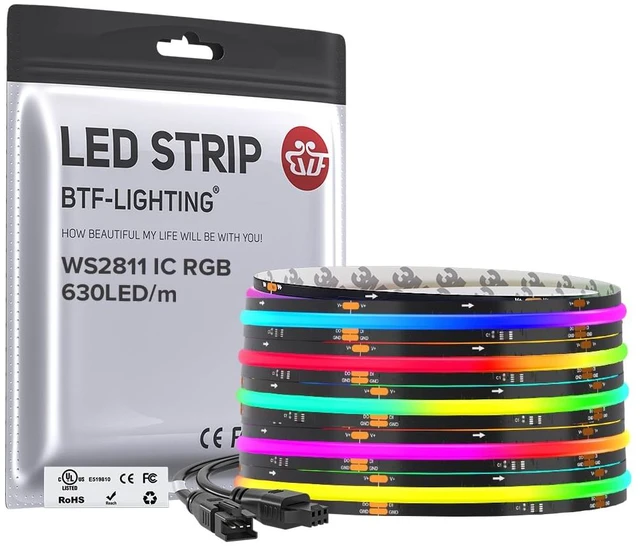 Main image of 16.4FT WS2811 Smart IC RGB DC24V FCOB COB LED Strip Light | UL Listed 630LEDs/m High Density Color Chasing Light 10mm Width Black PCB for Home DIY Lighting(No Adapter or Controller)
