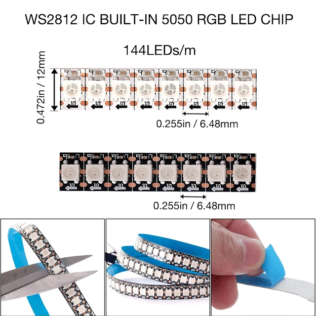 Alt view image 2 of 7 - WS2812B LED Strip SMD 5050 Individual Addressable 144Pixels/m 144Pixels WS2812b IC RGB Strip Full Color LED Strip Non-Waterproof DC5V (3.2FT 144led IP30, White PCB)