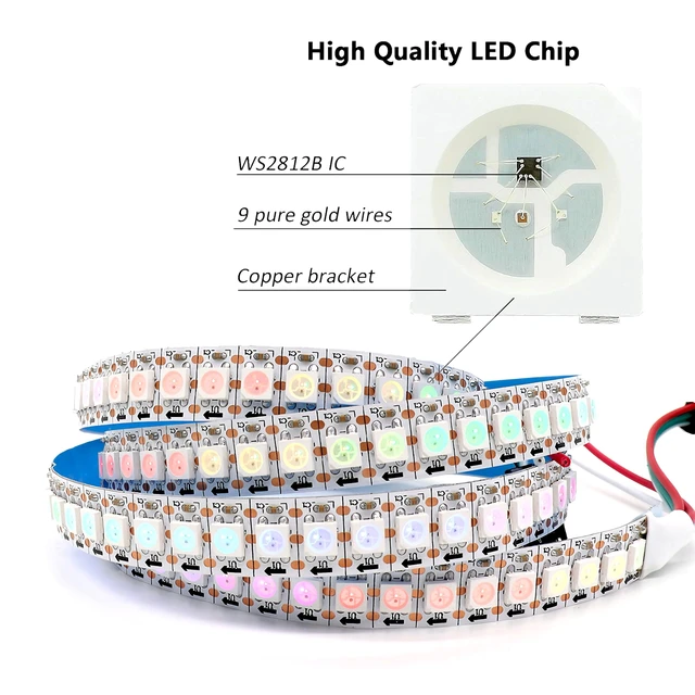 Alt view image 3 of 7 - WS2812B LED Strip SMD 5050 Individual Addressable 144Pixels/m 144Pixels WS2812b IC RGB Strip Full Color LED Strip Non-Waterproof DC5V (3.2FT 144led IP30, White PCB)