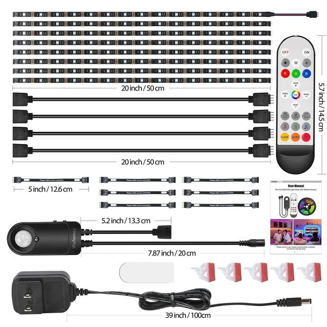 Alt view image 7 of 7 - 8 PCS RGB Under Cabinet Lighting Kit, 12v Motion Sensor LED Light Strip with Remote, ETL Listed Power Adapter, Music Sync Color Changing Led Lights for Shelves, Cabinet, Counter, Bookcase, 13ft