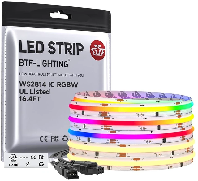 Main image of 16.4FT WS2814 Smart IC RGBW 3000K DC24V COB LED Strip Light | UL Listed 784LEDs/m High Density Color Chasing Uniform Light 10mm Width for Home Party DIY Lighting(No Adapter or Controller)