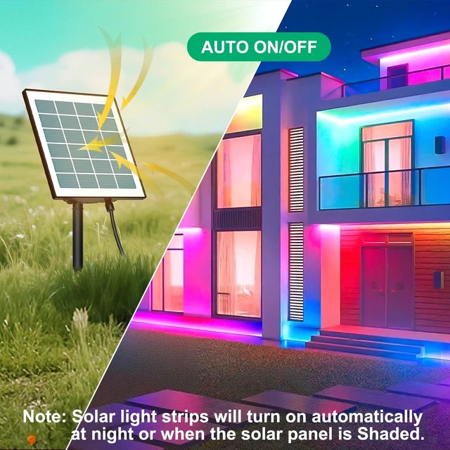 Alt view image 2 of 7 - 50ft RGB Solar Led Strip Lights Outdoor Waterproof with Self-Adhesive | Adhesive Backing and Installation Kit, Auto On/Off 16 Colors and 4 Modes with Remote Great for Garden, Pathway Decor