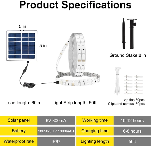 Alt view image 7 of 7 - 50ft RGB Solar Led Strip Lights Outdoor Waterproof with Self-Adhesive | Adhesive Backing and Installation Kit, Auto On/Off 16 Colors and 4 Modes with Remote Great for Garden, Pathway Decor