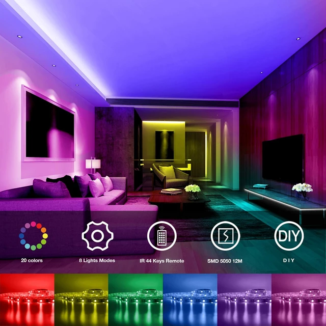 Alt view image 2 of 6 - Led Strip Lights 40ft, RGB Color Changing Led Strips with 44 Keys Remote Control for Room, Bedroom, Suitable for Home Decor, Living Room, Kitchen, Home Party Decoration, 24V