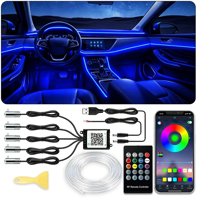 Main image of Car Interior LED Lights, RGB Fiber Optic Ambient Lighting Kit | Wireless APP & RF Remote Control, 16 Million Colors, Music Sync, 5 LED 236 inches Fiber Optic, USB or Hardwire