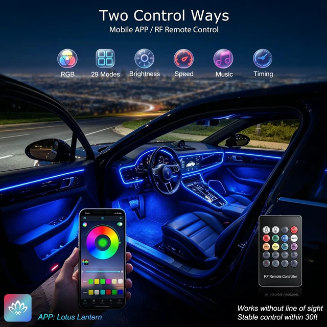 Alt view image 3 of 7 - Car Interior LED Lights, RGB Fiber Optic Ambient Lighting Kit | Wireless APP & RF Remote Control, 16 Million Colors, Music Sync, 5 LED 236 inches Fiber Optic, USB or Hardwire