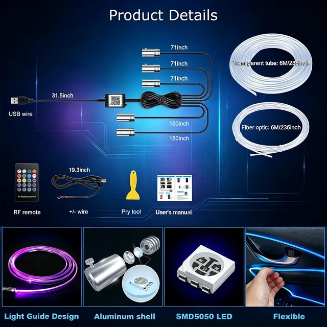 Alt view image 5 of 7 - Car Interior LED Lights, RGB Fiber Optic Ambient Lighting Kit | Wireless APP & RF Remote Control, 16 Million Colors, Music Sync, 5 LED 236 inches Fiber Optic, USB or Hardwire