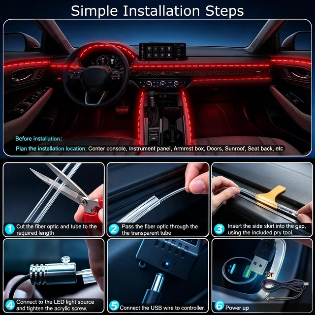 Alt view image 6 of 7 - Car Interior LED Lights, RGB Fiber Optic Ambient Lighting Kit | Wireless APP & RF Remote Control, 16 Million Colors, Music Sync, 5 LED 236 inches Fiber Optic, USB or Hardwire