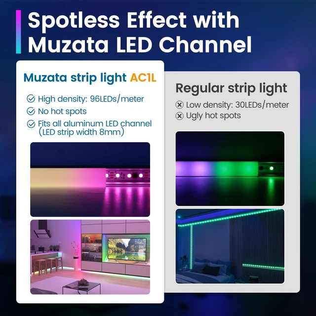 Alt view image 3 of 7 - 16.4ft(5m) 96LEDs/m High Density 8mm-Wide RGB LED Strip Lights AC1L | DC12V, Power Adapter NOT Included, Fits All Muzata Aluminum LED Channels, Colorful Spotless Neon Lighting Effect