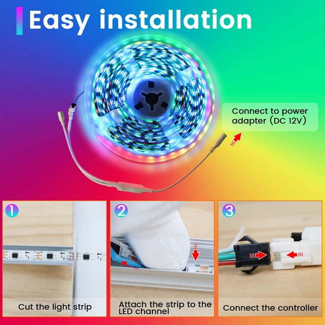 Alt view image 7 of 7 - 16.4ft(5m) 96LEDs/m High Density 8mm-Wide RGB LED Strip Lights AC1L | DC12V, Power Adapter NOT Included, Fits All Muzata Aluminum LED Channels, Colorful Spotless Neon Lighting Effect