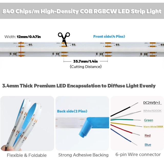 Alt view image 2 of 7 - 24VDC Color Changing RGBCCT Dotless COB LED Strip Lights, High Density RGBCW 4200 LEDs Warm White to Daylight RGBWW Dimmable LED Light Strips(Non-Waterproof IP20), FCOB-24V-RGBCCT