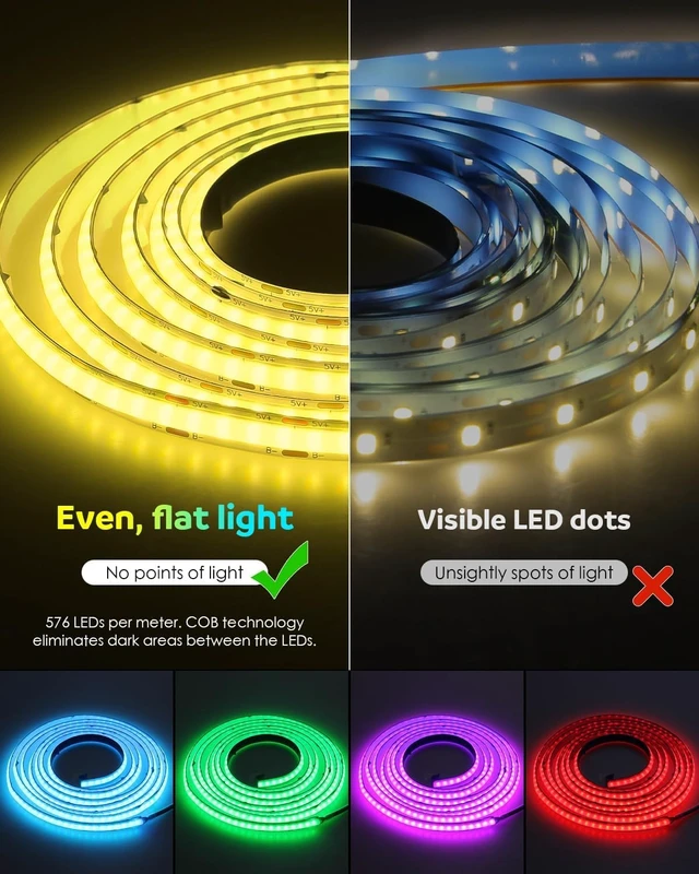 Alt view image 2 of 7 - 5V USB RGB COB LED Strip Light 10FT with Remote for TV Backlight | Fleixble and Cuttable with 4.6FT USB Cable and Self-Adhesive, RGB LED Strip Color Changing for Under Cabinet Gaming Setup