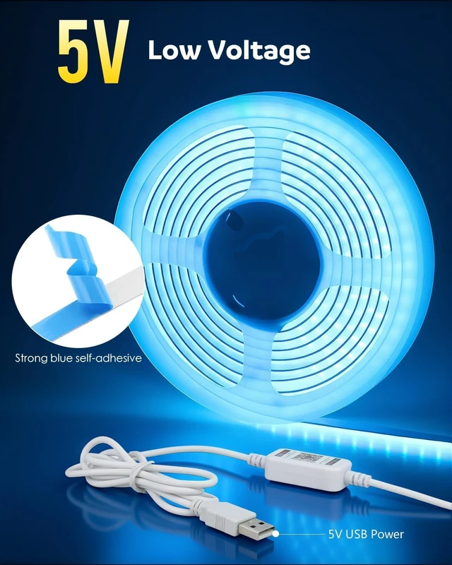 Alt view image 3 of 7 - 5V USB RGB COB LED Strip Light 10FT with Remote for TV Backlight | Fleixble and Cuttable with 4.6FT USB Cable and Self-Adhesive, RGB LED Strip Color Changing for Under Cabinet Gaming Setup