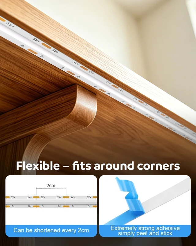 Alt view image 6 of 7 - 5V USB RGB COB LED Strip Light 10FT with Remote for TV Backlight | Fleixble and Cuttable with 4.6FT USB Cable and Self-Adhesive, RGB LED Strip Color Changing for Under Cabinet Gaming Setup