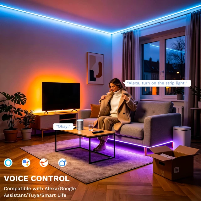 Alt view image 3 of 7 - RGB COB LED Strip Light 32.8ft/10m,Color Changing Dimmable Super Bright Strip Light 24V,Work with Alexa/Google Assistant/Tuya Multicolor Flexible Tape Light,for TV,Bedroom,Party DIY Decoration