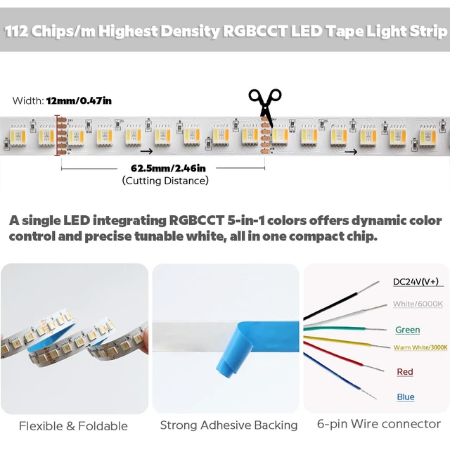 Alt view image 2 of 7 - 24VDC Highest Density 5-in-1 5050 RGBWW (RGB+Warm White+Daylight) 112LEDs/m Bright RGBCCT LED Strip 16.4FT Dimmable Tape Lights for Bedroom Decor (IP20 Non-Waterproof 12MM Width)