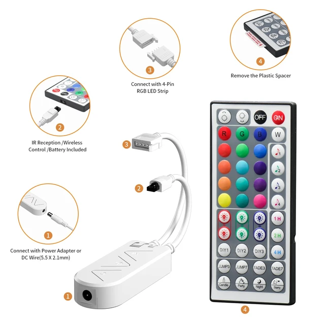 Alt view image 4 of 7 - RGB LED Strip Light Wireless Smart Controller, 44-Key Remote and APP Control, Music Sync, Replaced Controller for 12V/24V 4-Pin COB SMD LED Strip Light, DIY and Timer Function