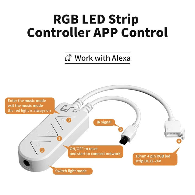 Alt view image 3 of 7 - RGB LED Strip Light Wireless Smart Controller, 44-Key Remote and APP Control, Music Sync, Replaced Controller for 12V/24V 4-Pin COB SMD LED Strip Light, DIY and Timer Function